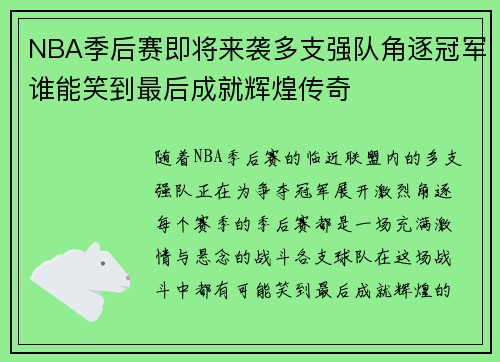 NBA季后赛即将来袭多支强队角逐冠军谁能笑到最后成就辉煌传奇