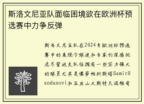 斯洛文尼亚队面临困境欲在欧洲杯预选赛中力争反弹