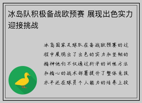 冰岛队积极备战欧预赛 展现出色实力迎接挑战