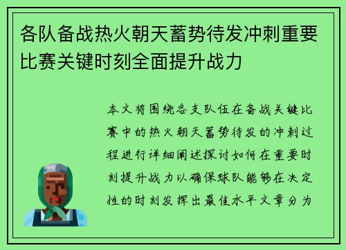 各队备战热火朝天蓄势待发冲刺重要比赛关键时刻全面提升战力